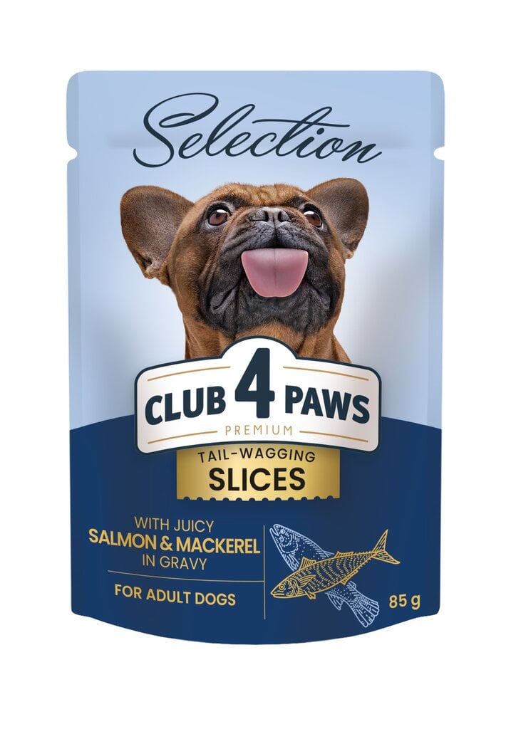 Club 4 Paws Premium plus suaugusiems mažų veislių šunims gabaliukai su lašiša ir skumbre padaže, 85 g x 12 vnt kaina ir informacija | Konservai šunims | pigu.lt