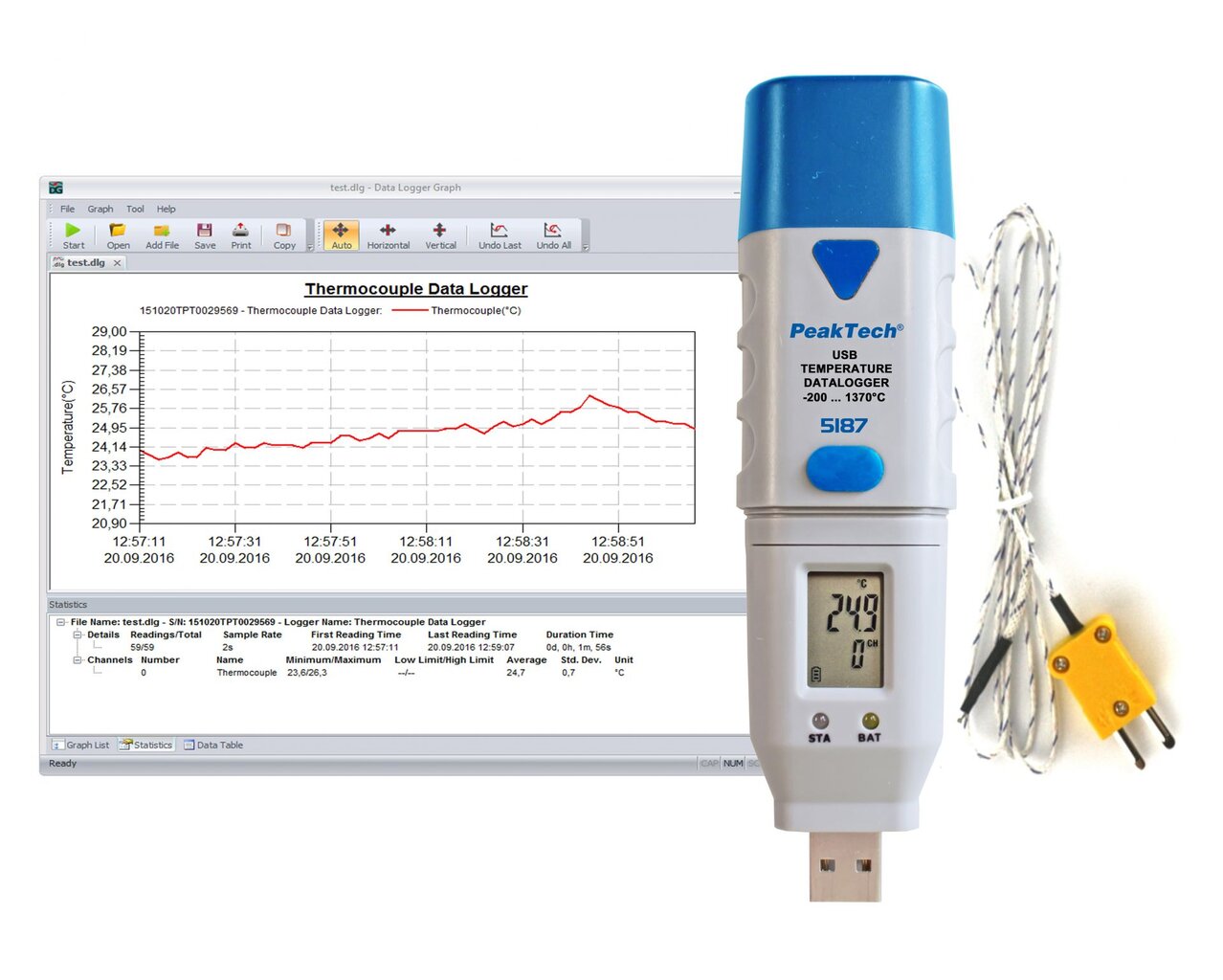 PeakTech® P 5187 USB-Datalogger K-Type temperatūra, 32.000 XNUMX taškų kaina ir informacija | Meteorologinės stotelės, termometrai | pigu.lt