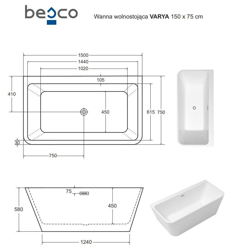 Vonia Besco Varya 150, su baltu sifono dangteliu kaina ir informacija | Vonios | pigu.lt