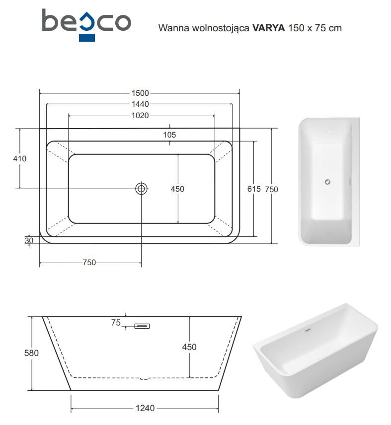 Vonia Besco Varya Glam 150 Graphite, su grafito spalvos sifono dangteliu kaina ir informacija | Vonios | pigu.lt