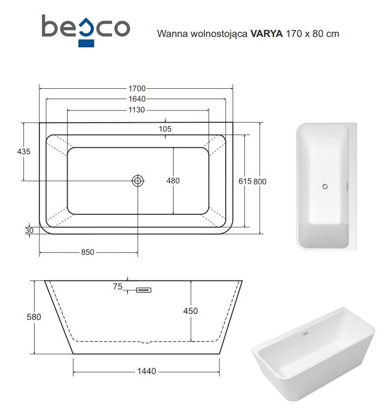 Vonia Besco Varya Glam 170 Graphite, su aukso spalvos sifono dangteliu kaina ir informacija | Vonios | pigu.lt
