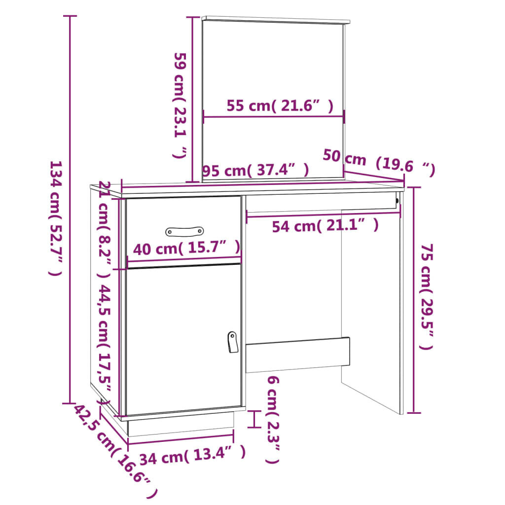 Kosmetinis staliukas, Pušies masyvas, 95x50x134cm, balta kaina ir informacija | Kosmetiniai staliukai | pigu.lt