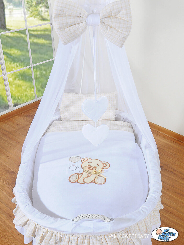 Kūdikio lova Moses Basket/Pinti lopšys su užuolaidomis Bear with bow white kaina ir informacija | Kūdikių lovytės | pigu.lt