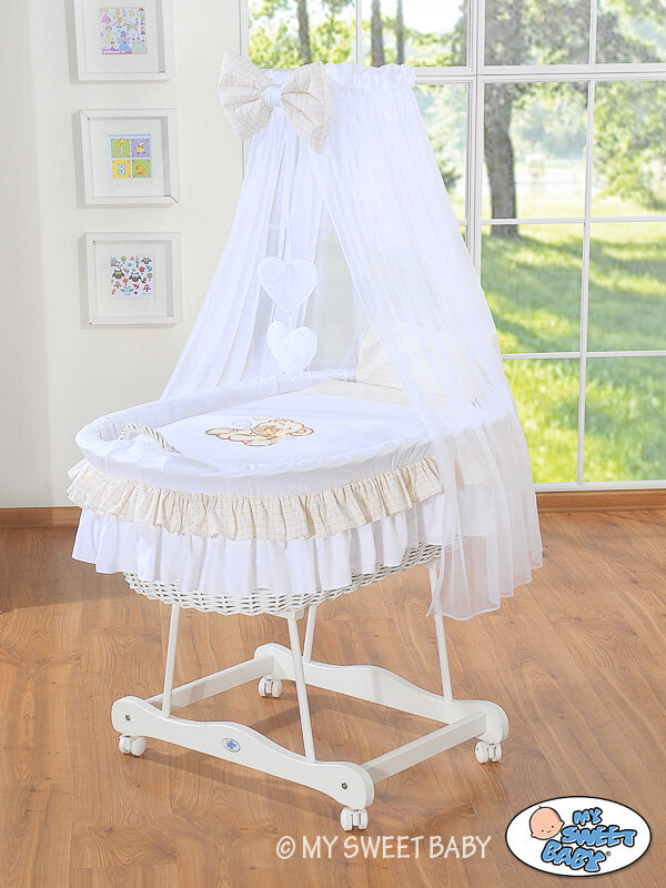 Kūdikio lova Moses Basket/Pinti lopšys su užuolaidomis Bear with bow white kaina ir informacija | Kūdikių lovytės | pigu.lt