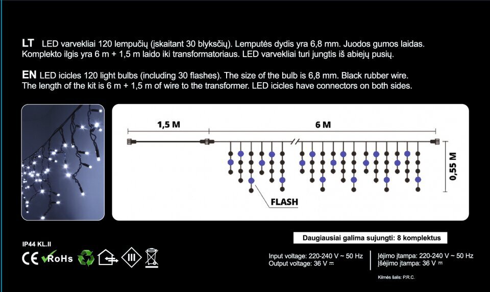 120 LED varvekliai 6m. šalta balta spalva (Flash) kaina ir informacija | Girliandos | pigu.lt