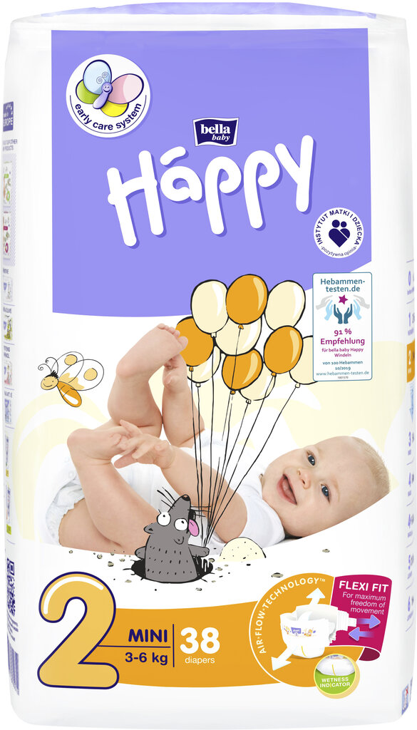 Sauskelnės Happy Mini, 2. dydis (3-6 kg), 38 vnt. kaina ir informacija | Sauskelnės | pigu.lt