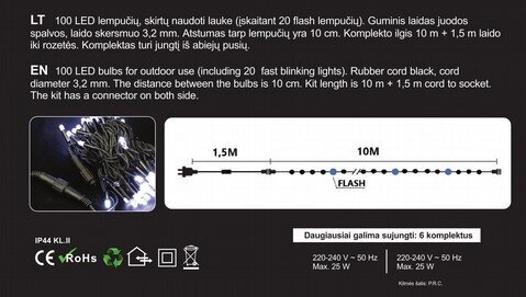 Lauko girlianda 100LED/10 m + 1,5 m, šaltai balta/mėlyna (FLASH) (103) 6610 kaina ir informacija | Girliandos | pigu.lt