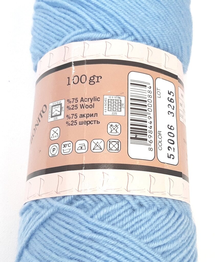 Mezgimo siūlai Lanoso Bonito 100g, spalva šviesiai mėlyna 52006 kaina ir informacija | Mezgimui | pigu.lt
