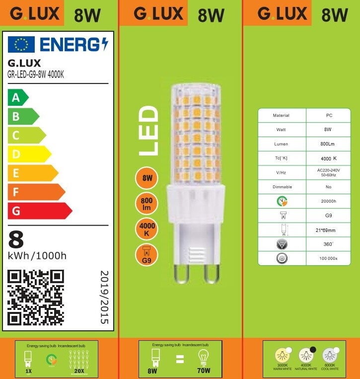 LED lemputės 10vnt pakuotė G.LUX GR-LED-G9-8W 4000K kaina ir informacija | Elektros lemputės | pigu.lt