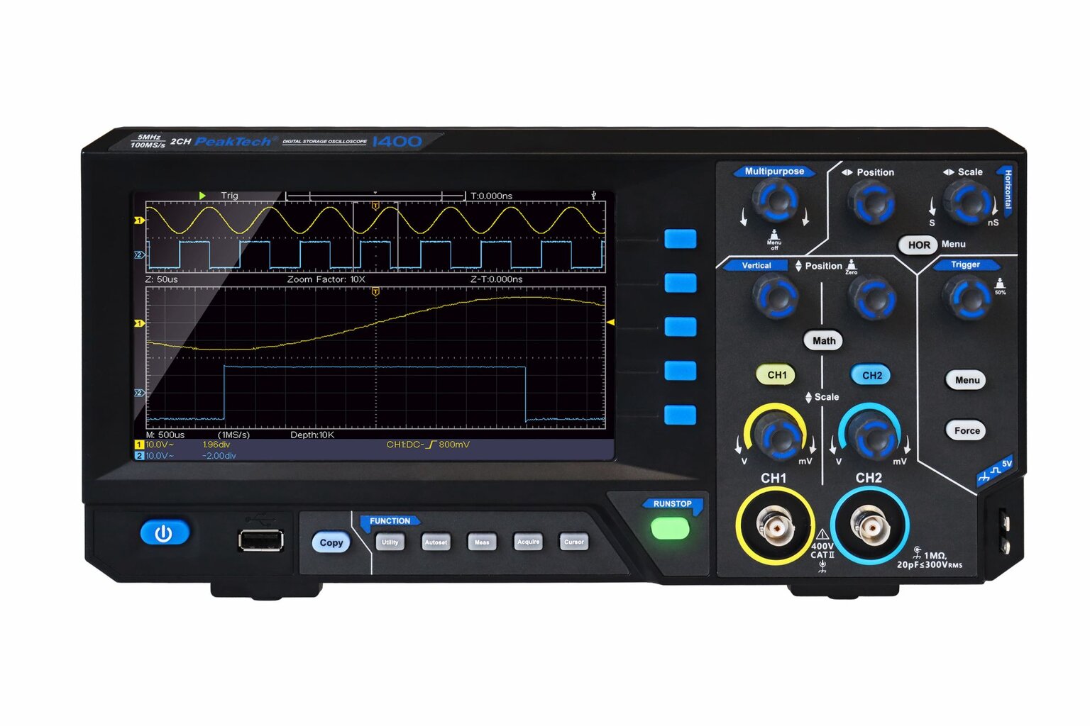 PeakTech® P 1400 5 MHz / 2CH, 100 MS/s skaitmeninės atminties osciloskopas kaina ir informacija | Mechaniniai įrankiai | pigu.lt