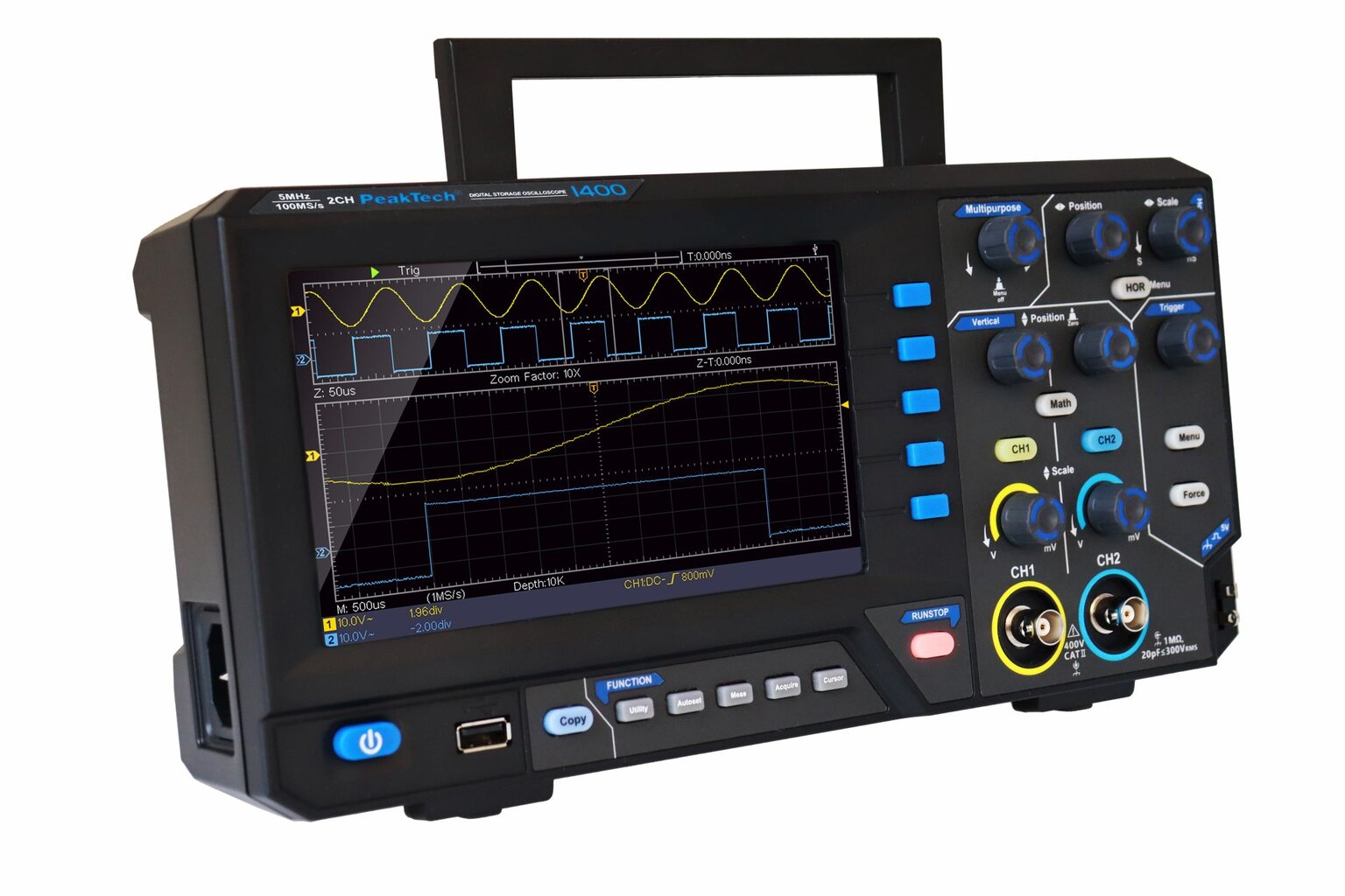 PeakTech® P 1400 5 MHz / 2CH, 100 MS/s skaitmeninės atminties osciloskopas kaina ir informacija | Mechaniniai įrankiai | pigu.lt