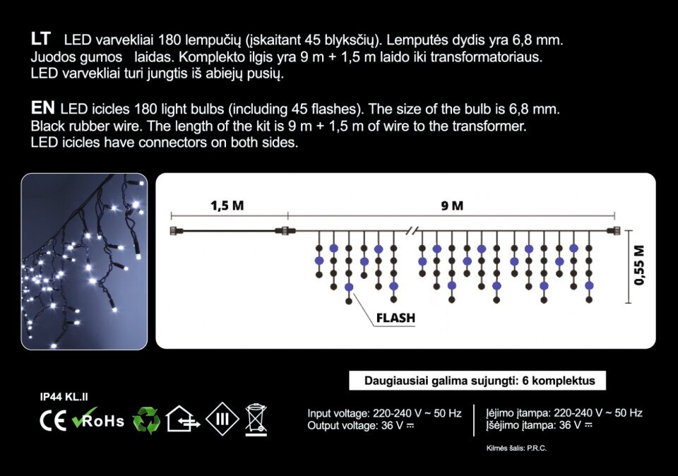 Lauko girlianda "kraštas" 180LED 9 m, mėlyna / šalta balta (FLASH) (144) 6603 kaina ir informacija | Girliandos | pigu.lt