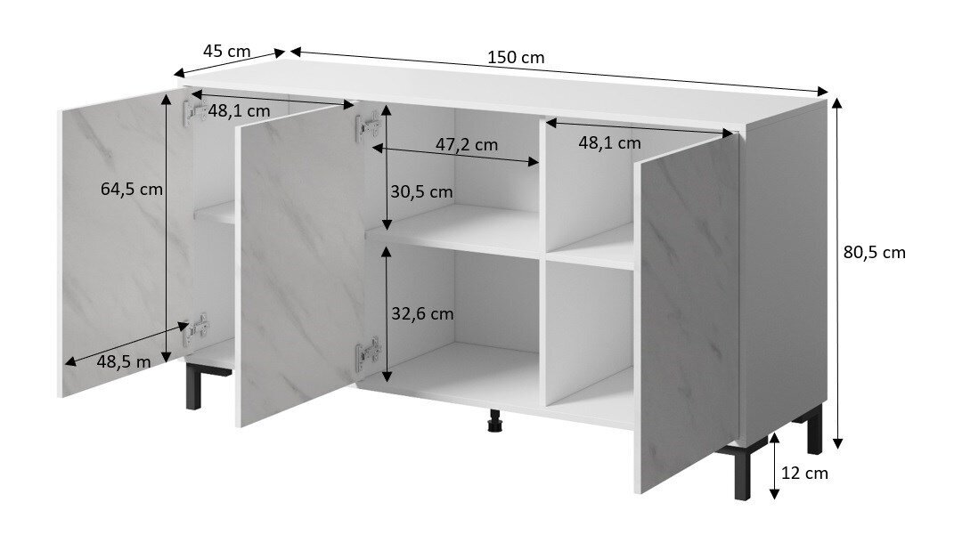 Komoda Cama Meble Marmo 3D, 150x45x80,5 cm, balta kaina ir informacija | Komodos | pigu.lt