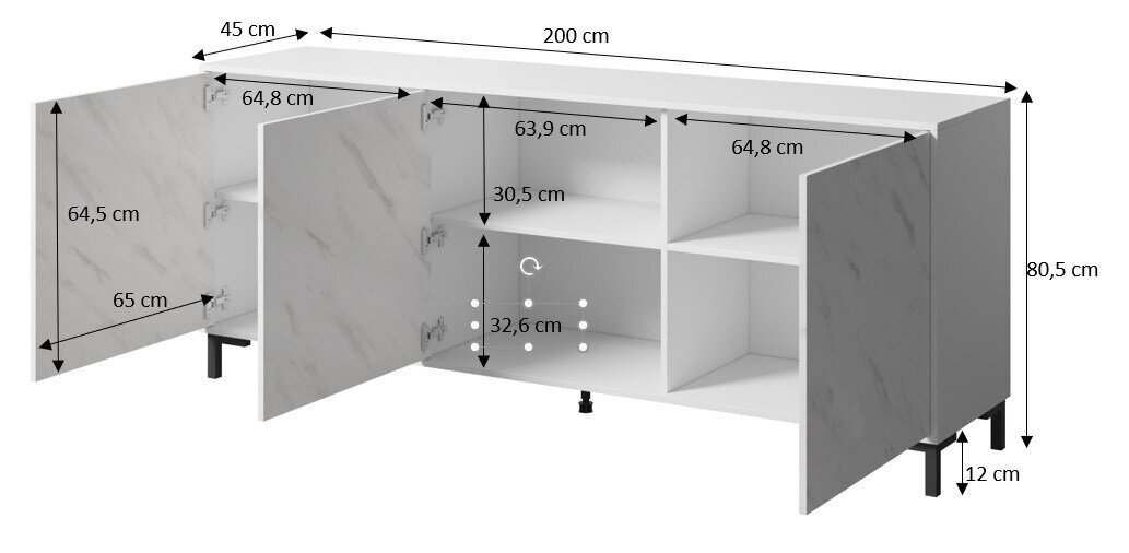 Komoda Cama Meble Marmo 3D, 200x45x80,5 cm, balta цена и информация | Komodos | pigu.lt