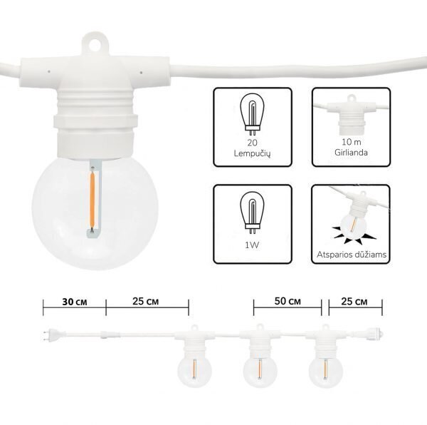 Lauko lempučių girlianda Tonro Glow balta, 100 m kaina ir informacija | Girliandos | pigu.lt