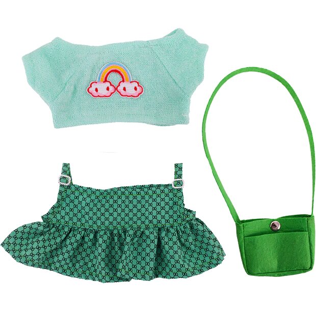 Drabužiai Lalafanfan ančiukui: žalia suknelė, žalia rankinė, marškinėliai kaina ir informacija | Minkšti (pliušiniai) žaislai | pigu.lt