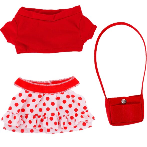 Drabužiai Lalafanfan ančiukui: taškuota suknelė, raudoni marškinėliai, rankinė kaina ir informacija | Minkšti (pliušiniai) žaislai | pigu.lt