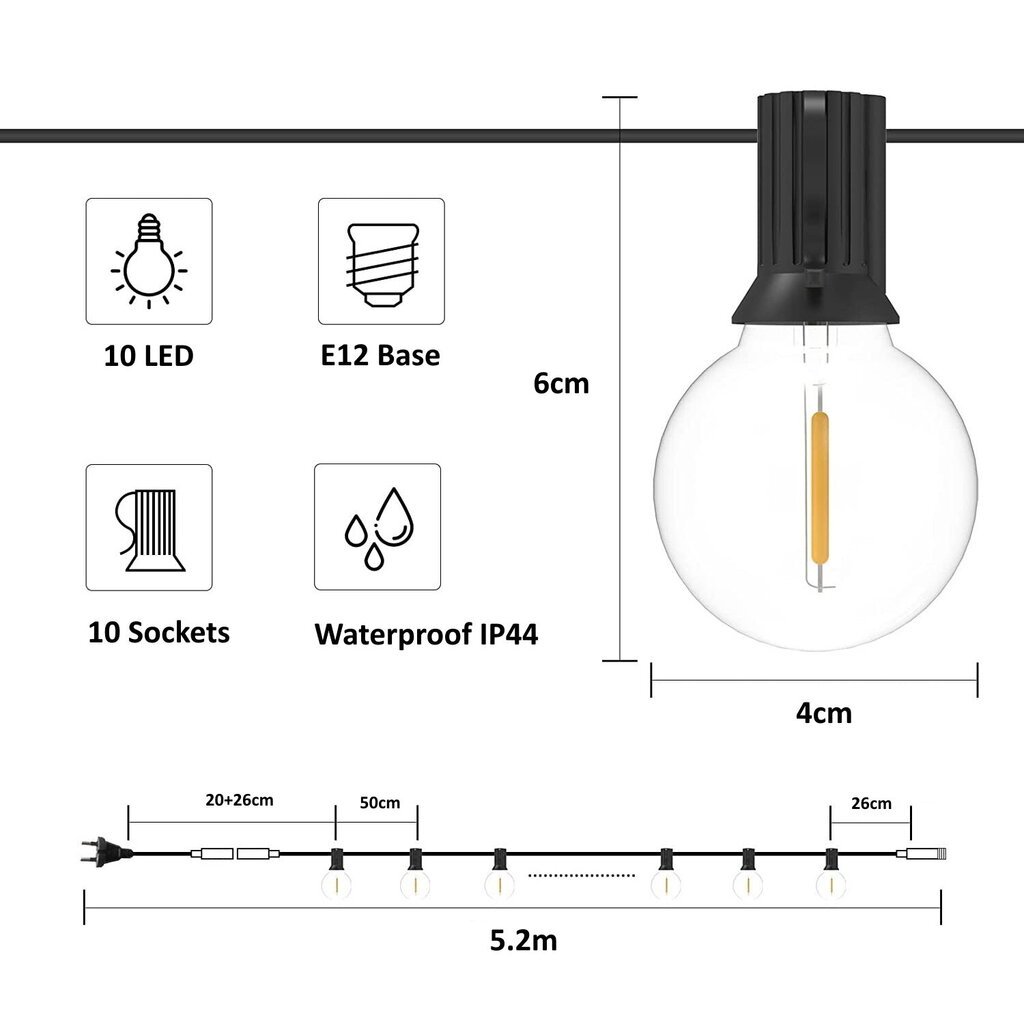 LED lauko girlianda G.LUX GR-LED-STRING-2 5M/10LH/10x0.5W kaina ir informacija | Lauko šviestuvai | pigu.lt