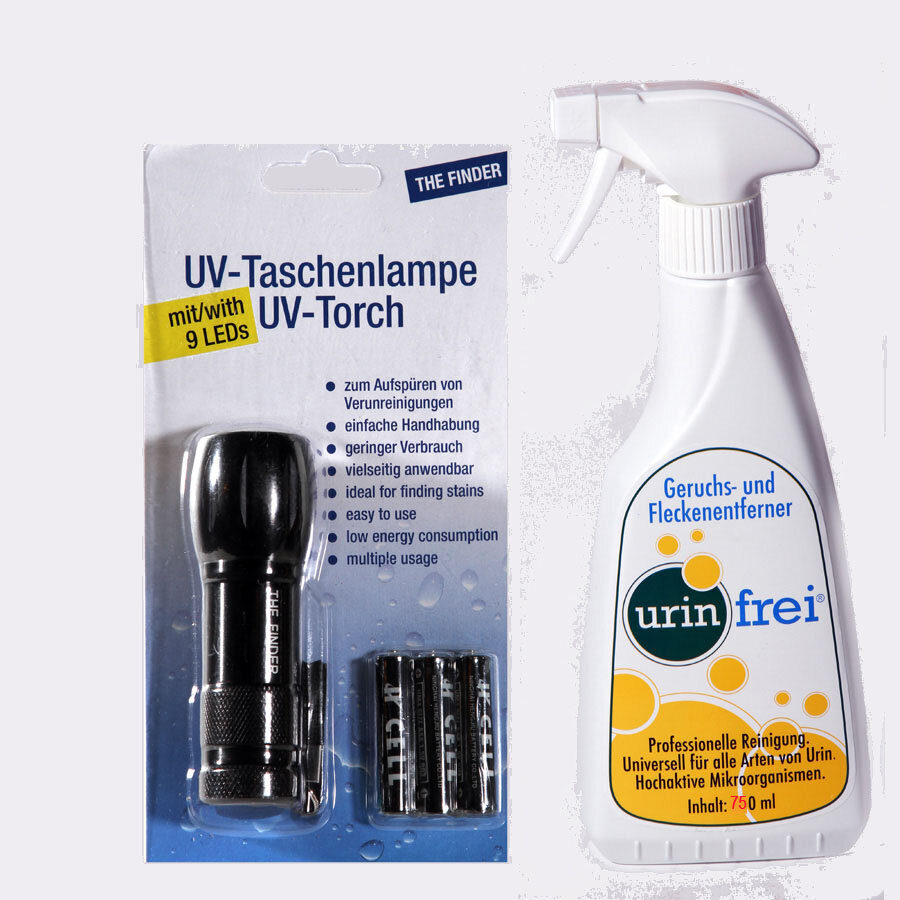 Urin Frei veiksminga šlapimo dėmių ir šlapimo kvapo šalinimo priemonė 750 ml ir UV lempa - - juoda šviesa, šlapimo dėmių aptikimas kaina ir informacija | Priežiūros priemonės gyvūnams | pigu.lt