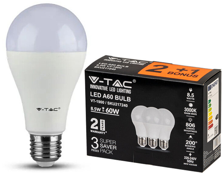 Elektros lemputė LED V-TAC, E27, 806lm, 3000K, 3 vnt. kaina ir informacija | Elektros lemputės | pigu.lt