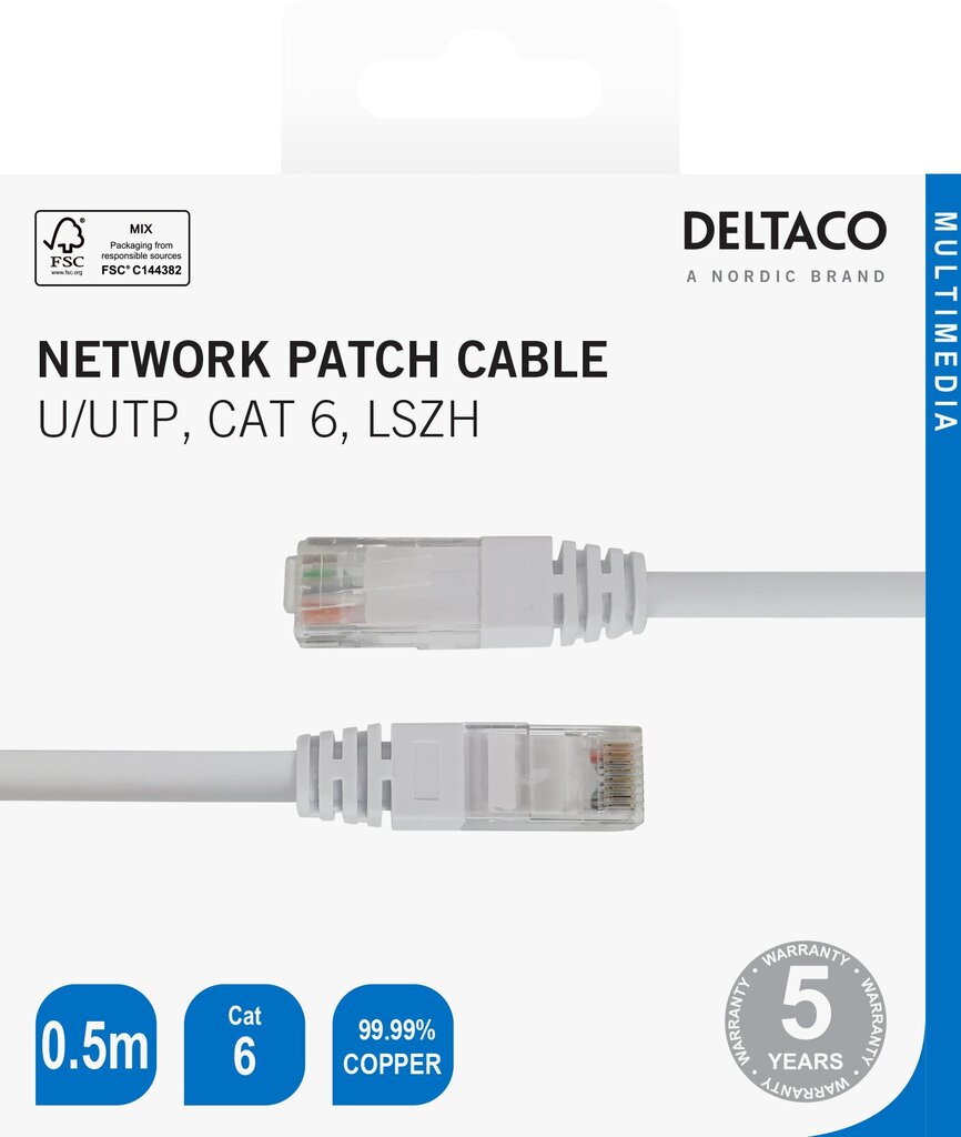 Deltaco TP-60V-K, U/UTP Cat6, 0.5 m цена и информация | Kabeliai ir laidai | pigu.lt