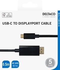 USB-C - DisplayPort cable Deltaco 4K UHD, gold plated, 0.5m, black / USBC-DP050-K / 00140011 kaina ir informacija | Kabeliai ir laidai | pigu.lt