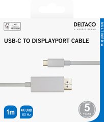 USB-C - кабель DisplayPort Deltaco 4K UHD, позолоченные разъемы, 1 м, белый/USBC-DP101-K/00140013 цена и информация | Кабели и провода | pigu.lt