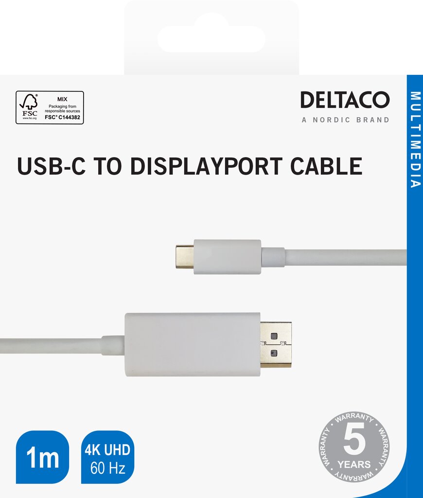 USB-C - DisplayPort kabelis Deltaco 4K UHD, paauksuotos jungtys, 1m, baltas / USBC-DP101-K / 00140013 kaina ir informacija | Kabeliai ir laidai | pigu.lt