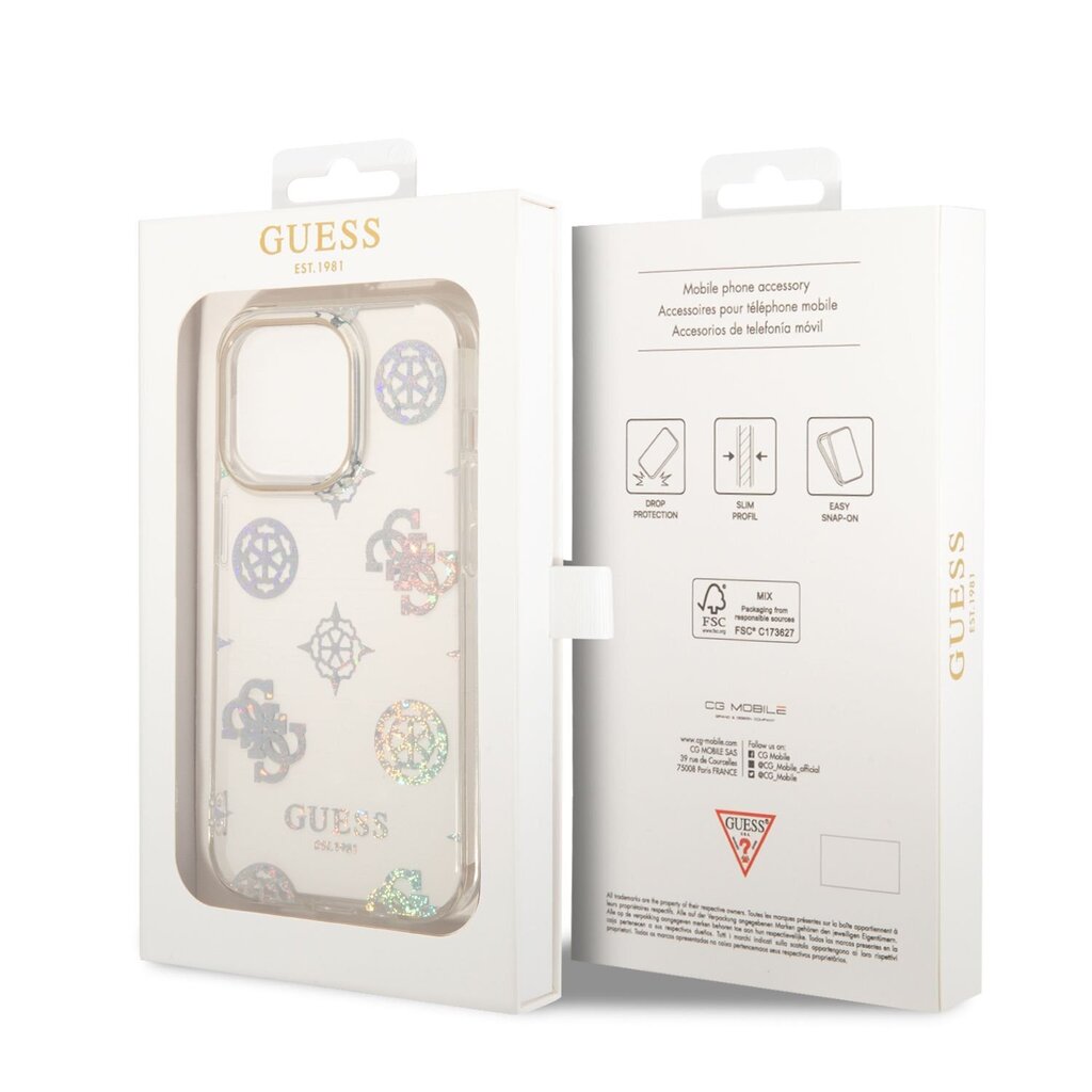 Guess PC/TPU Peony Glitter Case skirtas iPhone 14 Pro, baltas kaina ir informacija | Telefono dėklai | pigu.lt