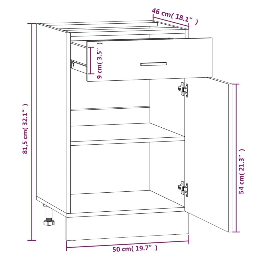 Apatinė spintelė 1D1S 50x46x81,5cm, pilka/balta kaina ir informacija | Virtuvinės spintelės | pigu.lt