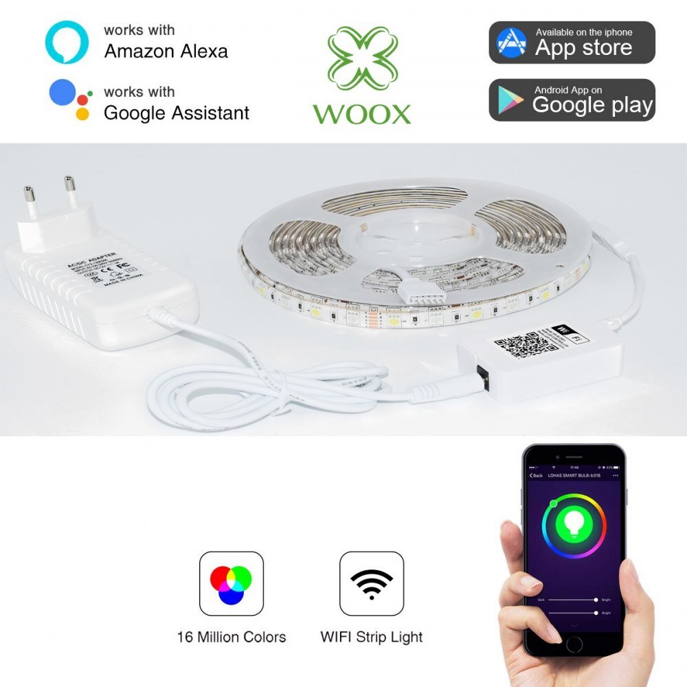 Išmanioji LED juosta Woox R5093 WiFi 5050 RGBW 24W IP65 5m kaina ir informacija | LED juostos | pigu.lt