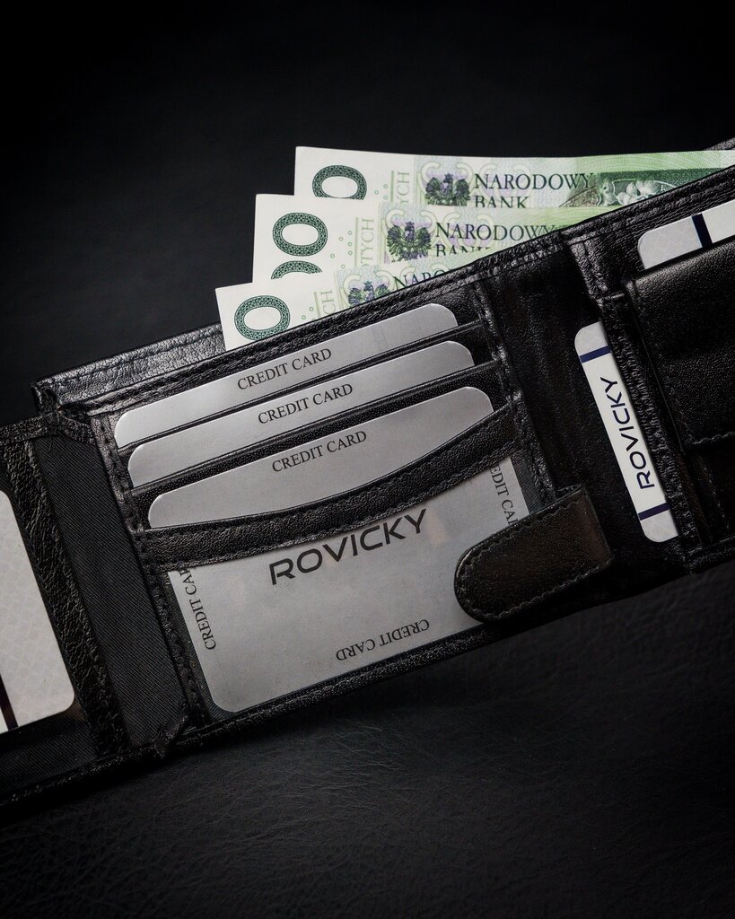 Vyriška natūralios odos piniginė Rovicky, juoda/raudona цена и информация | Vyriškos piniginės, kortelių dėklai | pigu.lt