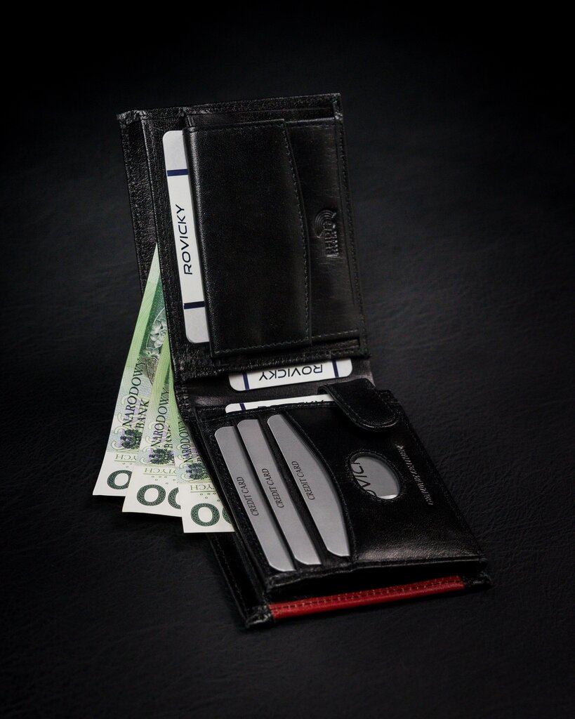 Vyriška natūralios odos piniginė Rovicky, juoda/raudona цена и информация | Vyriškos piniginės, kortelių dėklai | pigu.lt