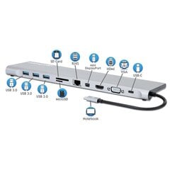 USB-C prijungimo stotis Manhattan, skirta HDMI, MiniDP, VGA, RJ45, 3x USB, SD kaina ir informacija | Adapteriai, USB šakotuvai | pigu.lt