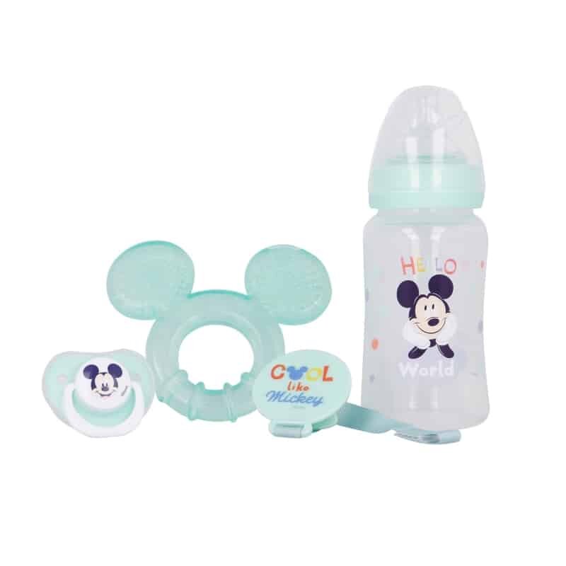 Mickey Mouse - rinkinys kūdikiui gertuvė su speneliu 240ml, anatominis žindukas, dantukas, dantukų laikiklis Cool kaina ir informacija | Buteliukai kūdikiams ir jų priedai | pigu.lt
