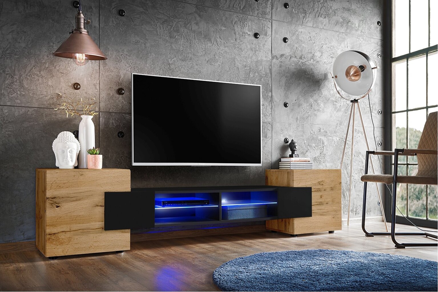 Svetainės spintelė su 2 stiklinėmis lentynomis ir 2 durelėmis, TV staliukas, Extreme Furniture, Bridge, Wotan karkasas ir juodi priekiai kaina ir informacija | TV staliukai | pigu.lt