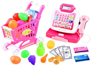 Kasos aparatas ir pirkinių krepšelis su maistu, rožinis ZA3882 kaina ir informacija | Žaislai mergaitėms | pigu.lt