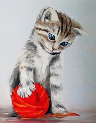 Алмазная мозаика 40x50 cm.  "Kitten with a red clew" цена и информация | Алмазная мозаика | pigu.lt