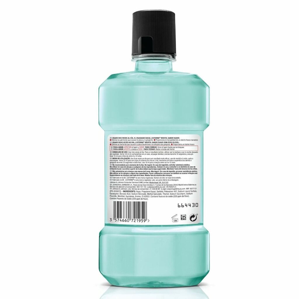 Burnos skalavimo skystis Listerine Cool Mint Zero Alcohol, 500 ml цена и информация | Dantų šepetėliai, pastos | pigu.lt