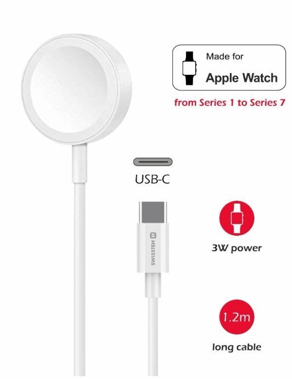Swissten Wireless Charger USB-C White kaina ir informacija | Išmaniųjų laikrodžių ir apyrankių priedai | pigu.lt
