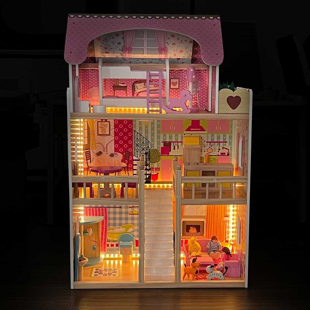 Medinis lėlių namelis su apšvietimu Enero kaina ir informacija | Žaislai mergaitėms | pigu.lt