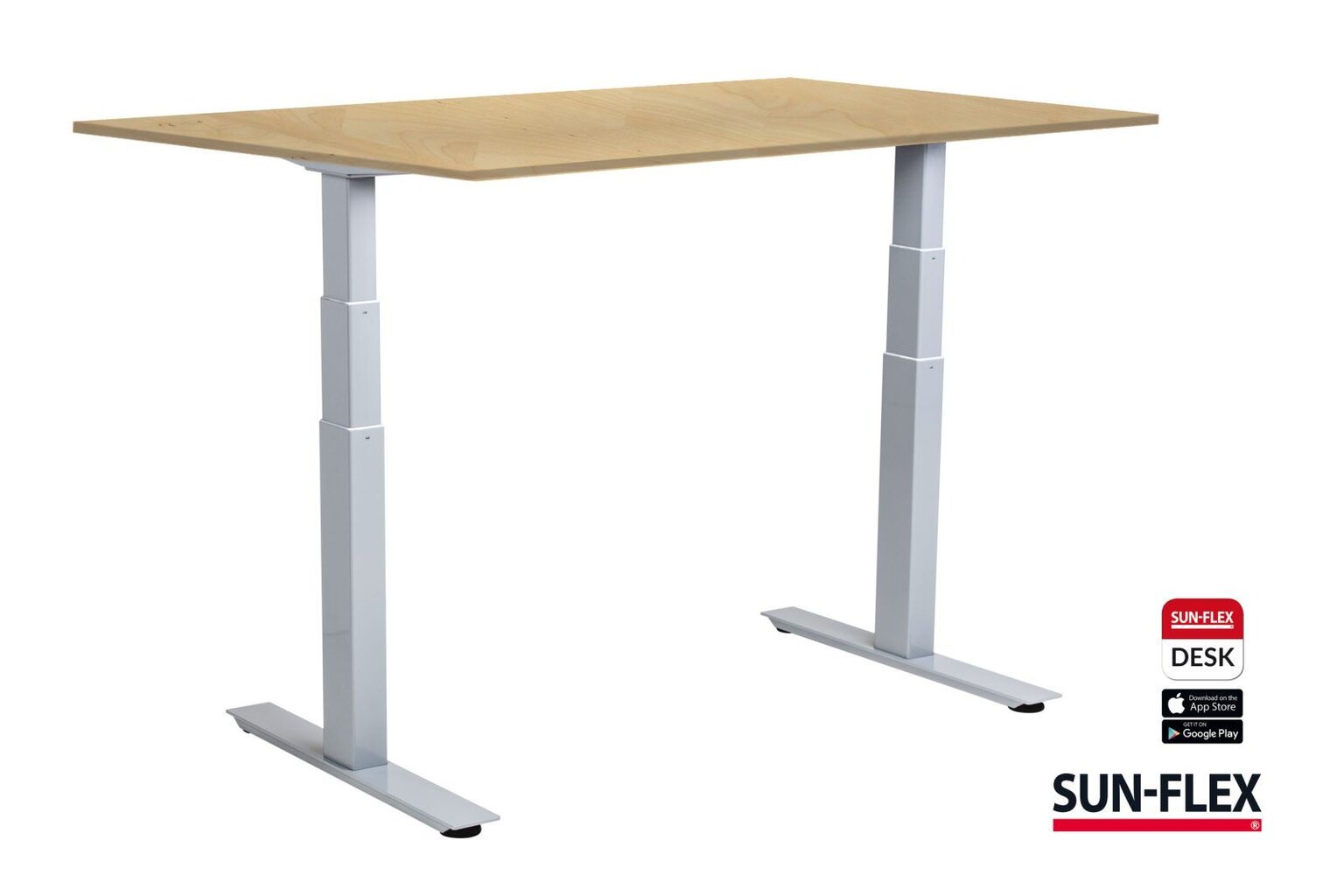 Reguliuojamo aukščio stalas SUN-FLEX®EASYDESK ADAPT, elektrinis, dviejų variklių, baltas rėmas, 140x80 cm, beržo stalviršis kaina ir informacija | Kompiuteriniai, rašomieji stalai | pigu.lt