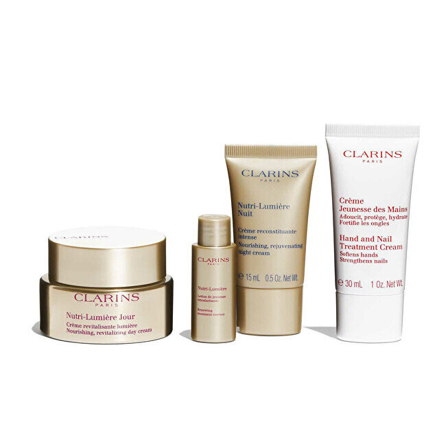 Veido odos priežiūros rinkinys Clarins Nutri-Lumière: dieninis kremas , 50 ml + naktinis kremas, 15 ml + veido emulsija, 10 ml + Rankų ir nagų priežiūros kremas, 30 ml + Kosmetikos krepšys kaina ir informacija | Veido kremai | pigu.lt