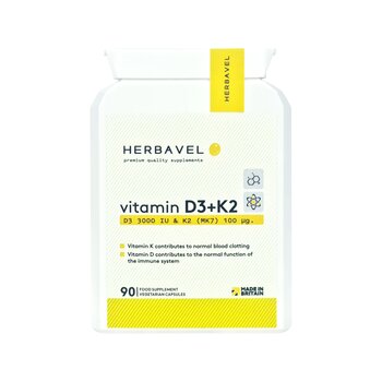 Maisto papildas Herbavel Vitaminas D3 3000 TV ir K2 MK-7, 90 kapsulių цена и информация | Витамины, пищевые добавки, препараты для хорошего самочувствия | pigu.lt