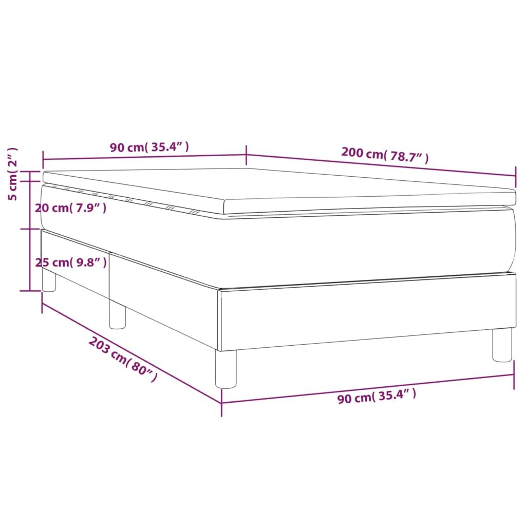 vidaXL Lova su spyruoklėmis ir čiužiniu, pilka, 90x200 cm, aksomas kaina ir informacija | Lovos | pigu.lt