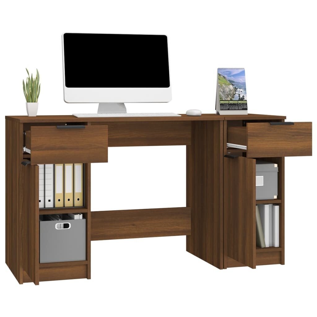 Rašomasis stalas su šonine spintele, rudas ąžuolo, mediena kaina ir informacija | Kompiuteriniai, rašomieji stalai | pigu.lt
