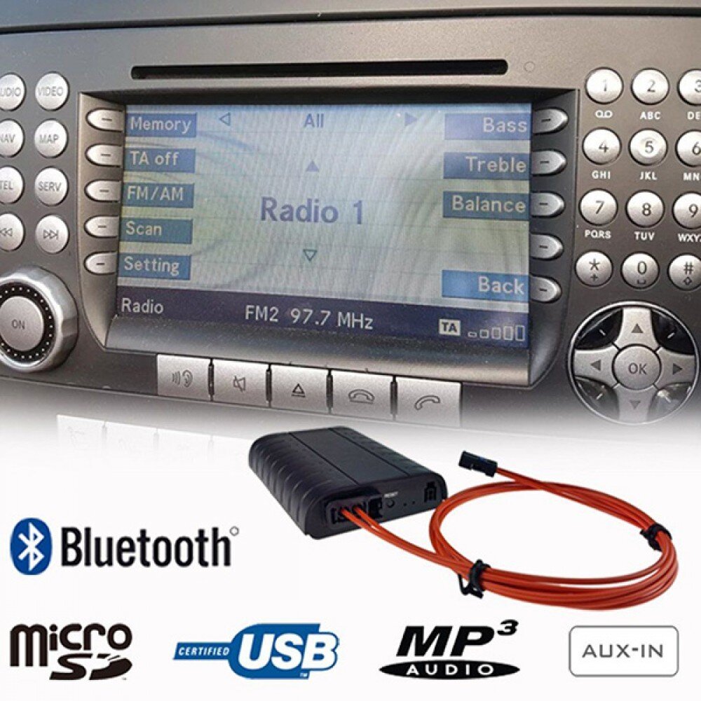 Bluetooth streaming, handsfree carkit, MP3, USB, AUX-IN Mr12volt adapteris Mercedes-Benz A, B, C, E Class Comand NTG 1/2 Audio 20 / 50 (APS50)APS Comand цена и информация | USB adapteriai gamyklinei garso sistemai | pigu.lt