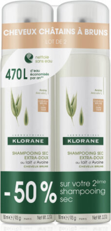 Sausas šampūnas rudiems plaukams Klorane Oatmeal Dry Shampoo For Brown Hair, 2x150ml kaina ir informacija | Šampūnai | pigu.lt