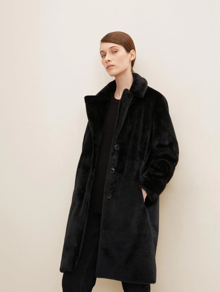 Tom Tailor moteriškas kailinis paltas, juodas kaina ir informacija | Paltai moterims | pigu.lt