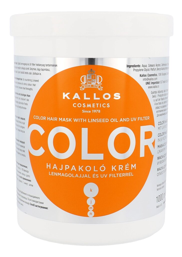 Kaukė dažytiems plaukams su linų sėmenimis Kallos Color, 1000 ml kaina ir informacija | Priemonės plaukų stiprinimui | pigu.lt